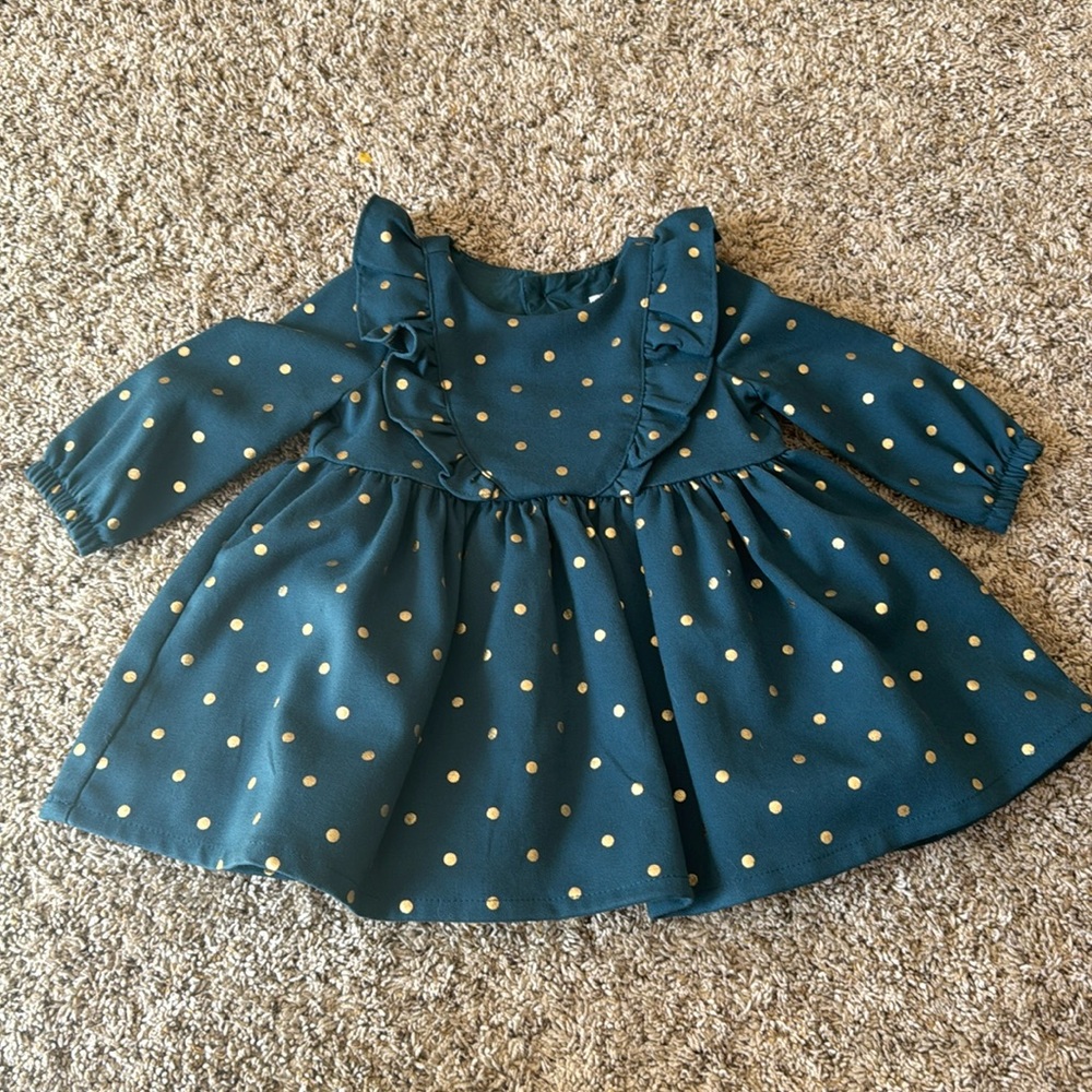 Carter’s teal dress with gold polkadots size 6 months brand new without tags